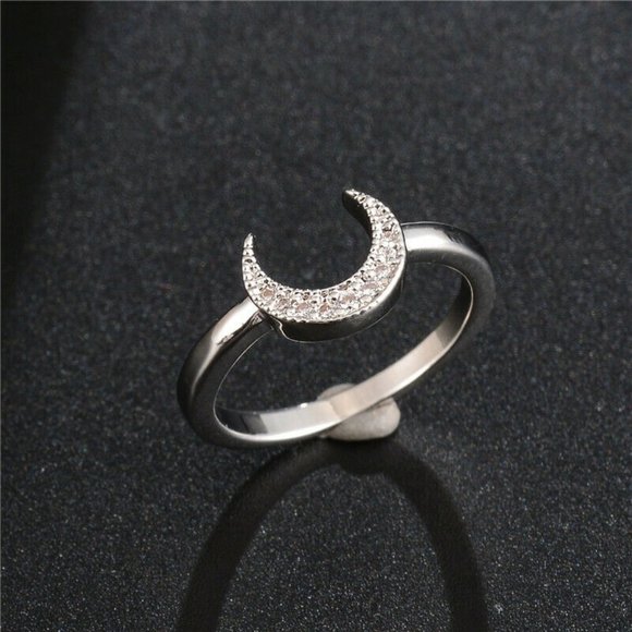 925 Silver Moon Shape Cubic Zircon Ring New - Picture 2 of 2